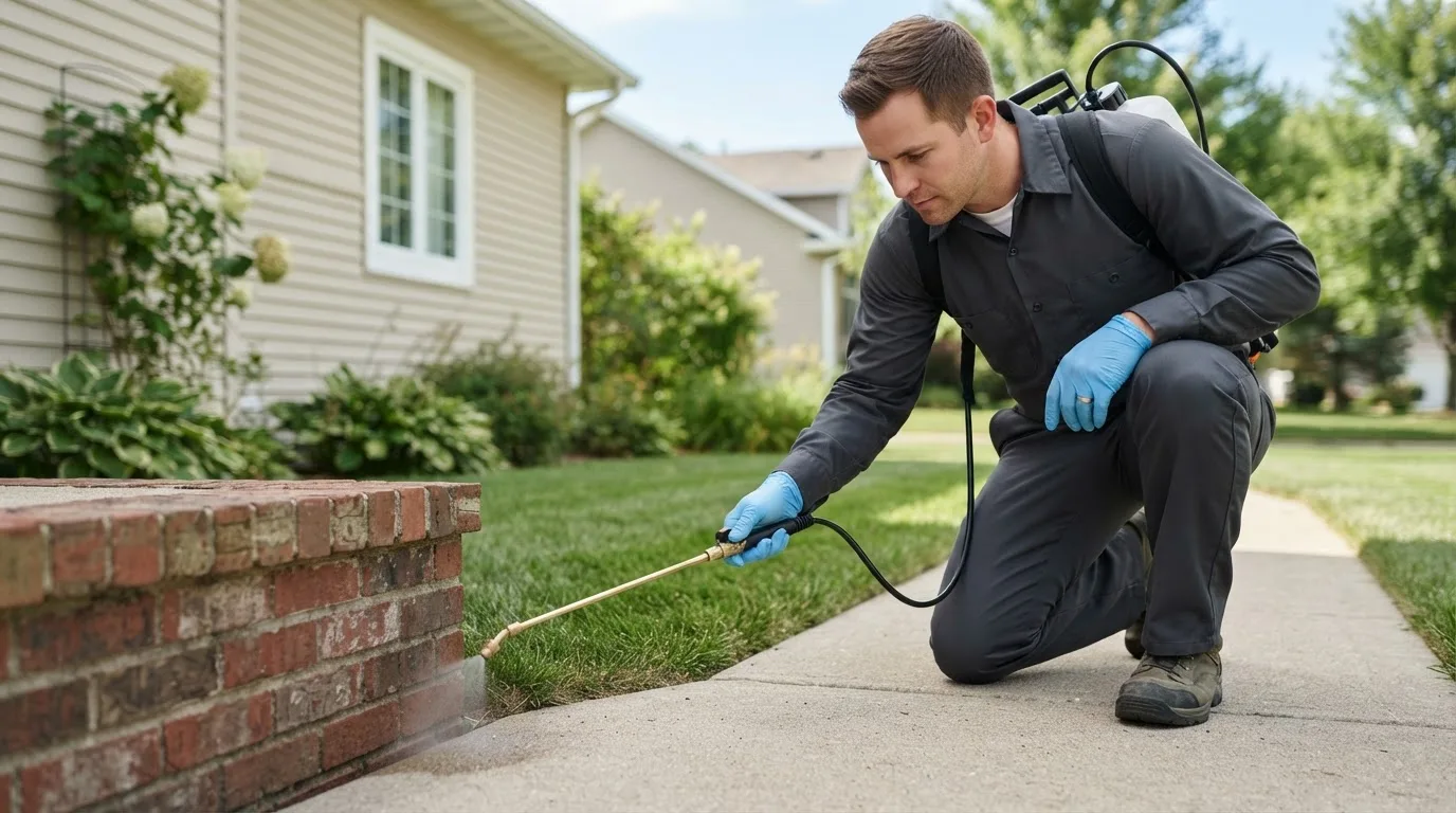 Pest control technician treating a home near Victoria, MN